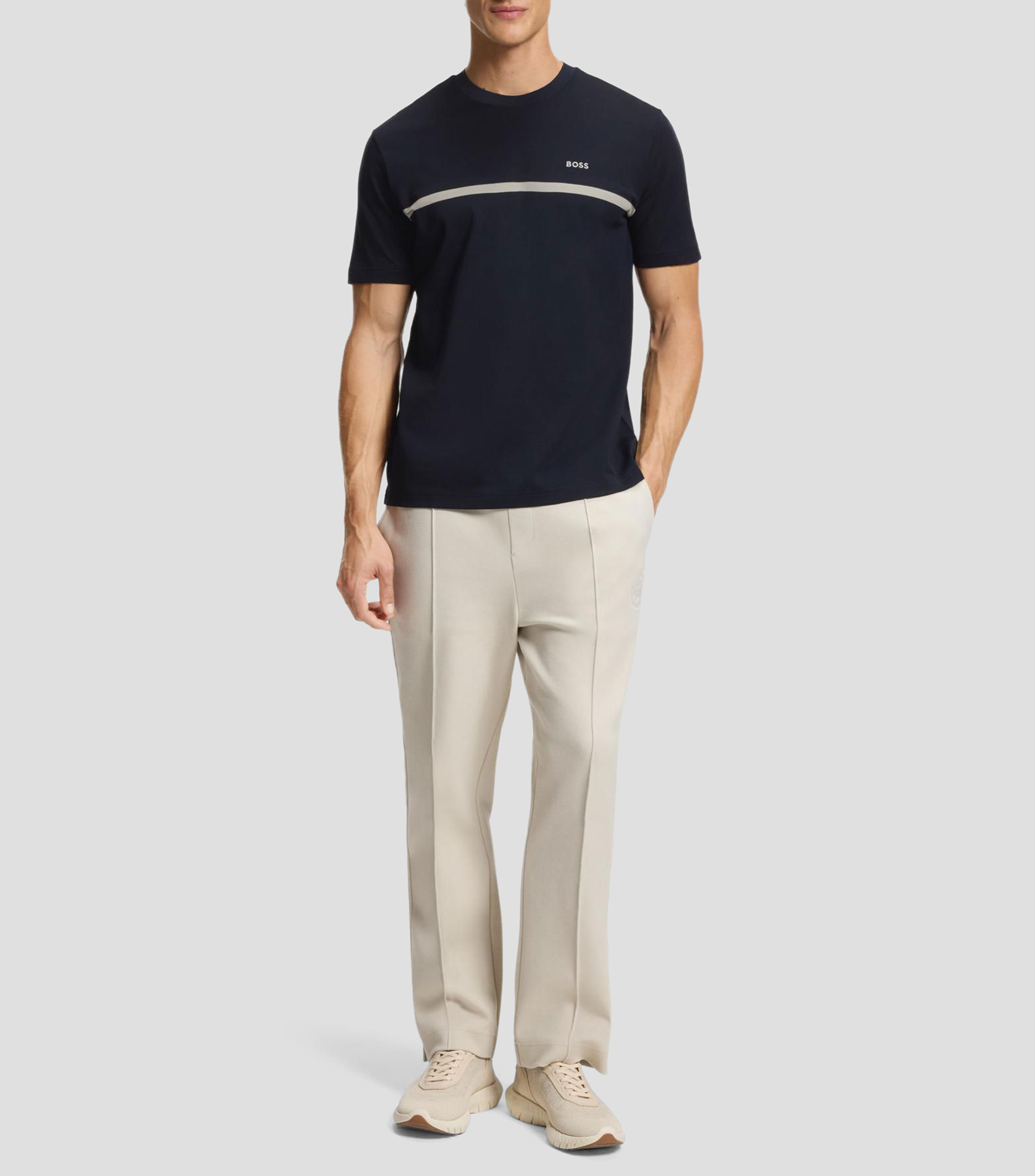 Playera BOSS de algodón con raya y logo Hombre